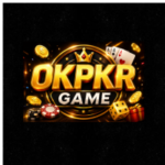 OKPKR Game logo golden design with casino style coins cards and dice