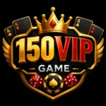 150VIP Game logo featuring golden VIP text, crown, poker cards, casino dice, and luxury gaming shield on black background.