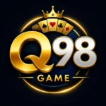 Q98 game logo with gold and white typography, crown icon, and playing cards on a dark luxury casino-style background.