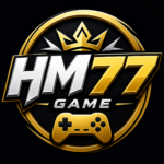 HM77 Game logo with golden crown and gaming controller on dark background