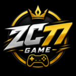 ZC77 Game logo featuring a bold metallic gold and silver 3D emblem with a crown and game controller icon on a black background.
