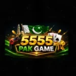 5555 Pak Game logo in HD with golden 3D text, Pakistani flag, gaming controller, playing cards, and glowing green effects on dark background.