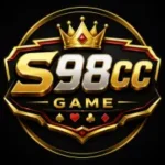 S98CC Game luxury gold and silver 3D logo with crown design on black background in full HD quality.