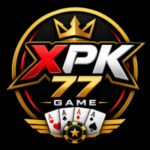 XPK77 Game logo featuring a gold crown, bold XPK77 text, and playing cards on a black background gaming emblem design