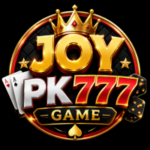 JoyPK777 Game logo with golden crown, playing cards, red dice, and luxury black background in HD quality.
