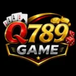 Q789 Game logo with gold and red 3D text, casino dice, cards, coins, and black background in full HD.