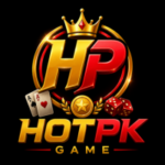 Hotpk Game logo in gold and red 3D style with crown, dice, and playing cards on a black background.