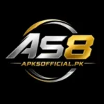 AS8 Game logo in gold and silver 3D style with APKSOFFICIAL.PK text on a black background.