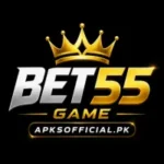 Bet55 Game logo with gold and silver 3D text, crown icon, black background, and APKSOFFICIAL.PK branding.