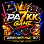 PA7KK Game logo with gold and silver 3D text on a black background featuring a crown and APKSOFFICIAL.PK branding.