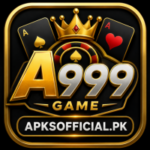 A999 Game logo with gold and silver 3D text, crown, poker cards, and APKSOFFICIAL.PK branding on a black luxury background.
